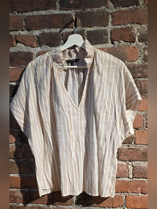 Banana Republic Tops - Banana Republic Beige and Cream Striped Short Sleeve Split-Neck Tunic